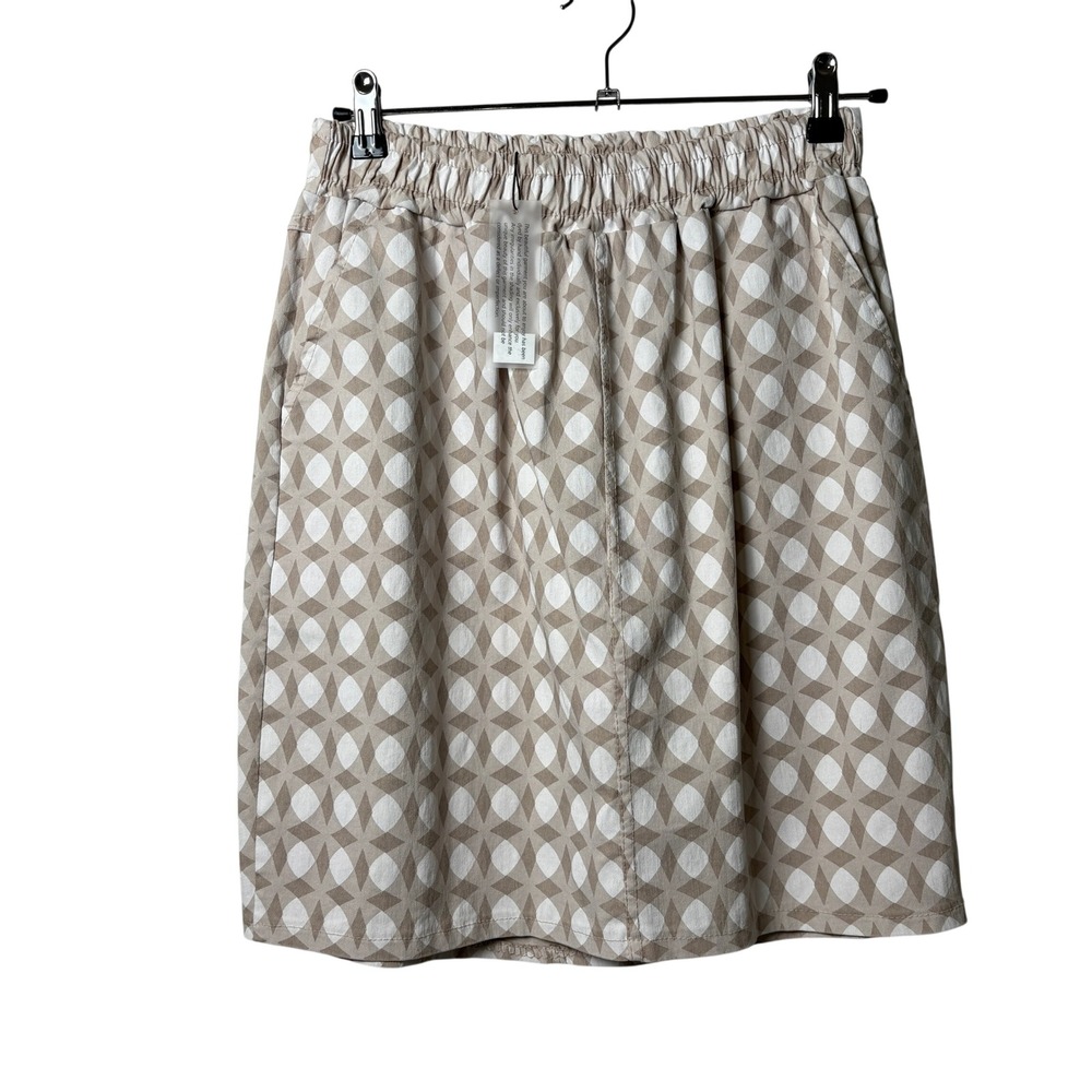 Flora Ashley Geometric Skirt Size L Tan White Elastic Waist Pull On Italy NWT